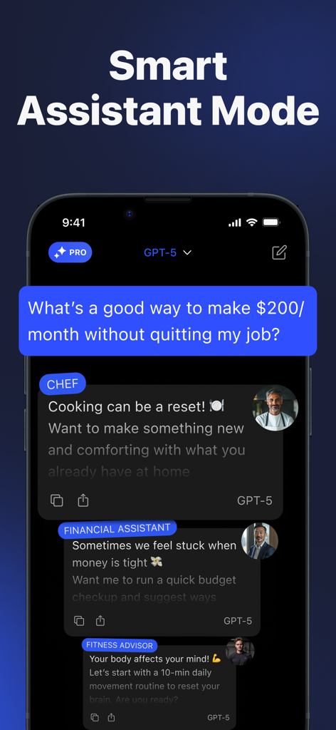 Chat AI·Question, Smart Answer - Smartphone screen displaying Chat AI Smart Assistant Mode with various expert personas like financial assistant and chef answering a user query.