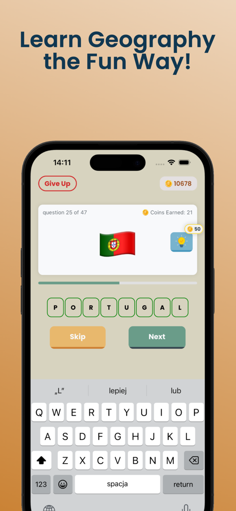 Flagsy - World Geography Quiz - Un écran de mobile montrant un quiz de géographie de l'application Flagsy où l'utilisateur identifie le drapeau du Portugal en tapant son nom.