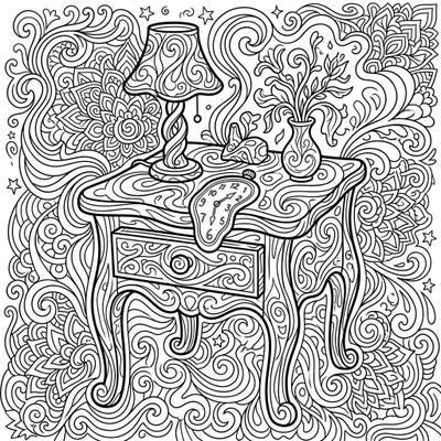 Explore a mesmerizing realm where everyday objects defy reality with this psychedelic end table coloring page. Featuring a melting clock, a whimsical lamp, and intricate swirling details, it's a journey into surreal art.