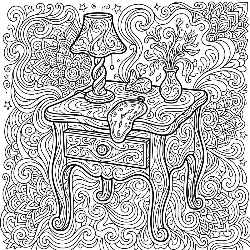 Explore a mesmerizing realm where everyday objects defy reality with this psychedelic end table coloring page. Featuring a melting clock, a whimsical lamp, and intricate swirling details, it's a journey into surreal art.