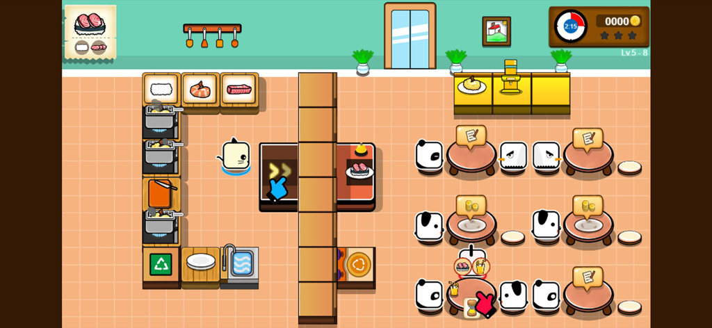 PKKP : CookDuo 2 player game - Una vista de juego de pantalla compartida de PKKP CookDuo que muestra un chef en la cocina y un camarero sirviendo a clientes animales en un lindo restaurante.