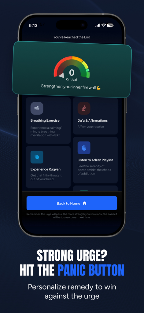 Jahada: Control your Nafs - Botón de pánico de la aplicación móvil Jahada que muestra herramientas espirituales islámicas para gestionar los impulsos.