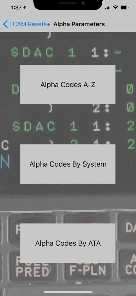 Airbus ECAM Resets+ - Alpha Parameters menu showing options to sort alpha codes by A-Z system or ATA chapter