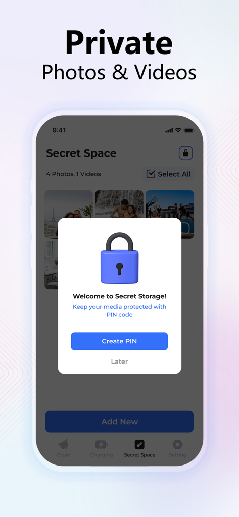 AI Cleaner Pro: Clean Storage - Interfaz de la aplicación AI Cleaner Pro mostrando la función de espacio secreto para proteger fotos y videos privados con un código PIN