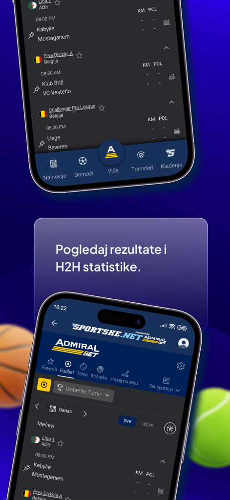 Sportske.net - Sportske.net app interface displaying football match results and head-to-head statistics