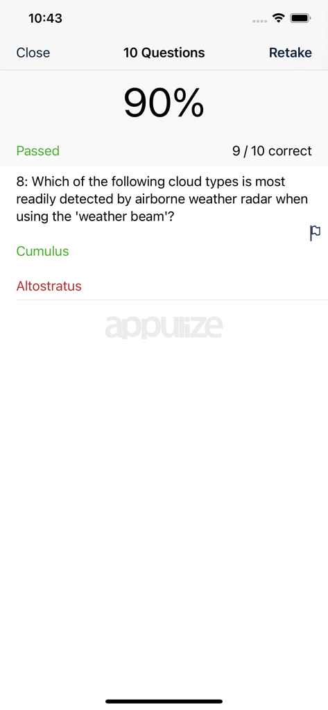 Boeing 737 NG Exam Preparation - Screenshot of a quiz result showing 90 percent passed with a technical question about weather radar and cloud types