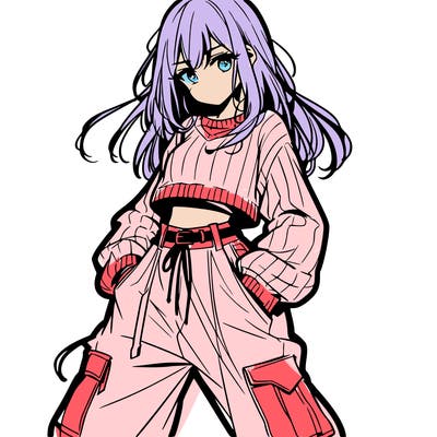 anime teen girl with baggy pants and crop top with sweater