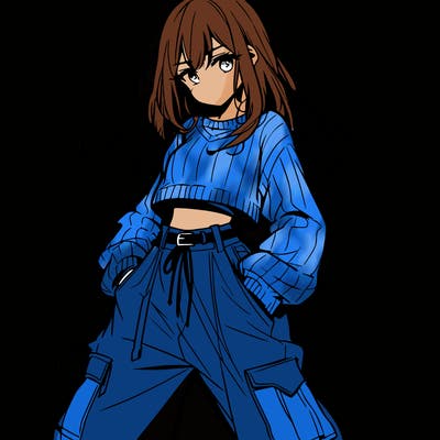 anime teen girl with baggy pants and crop top with sweater