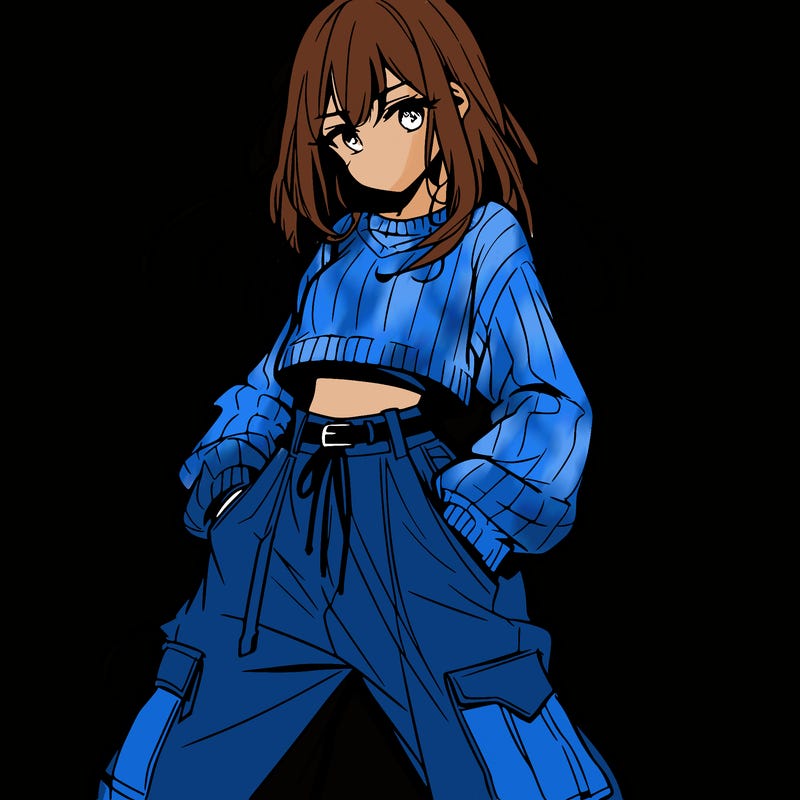anime teen girl with baggy pants and crop top with sweater