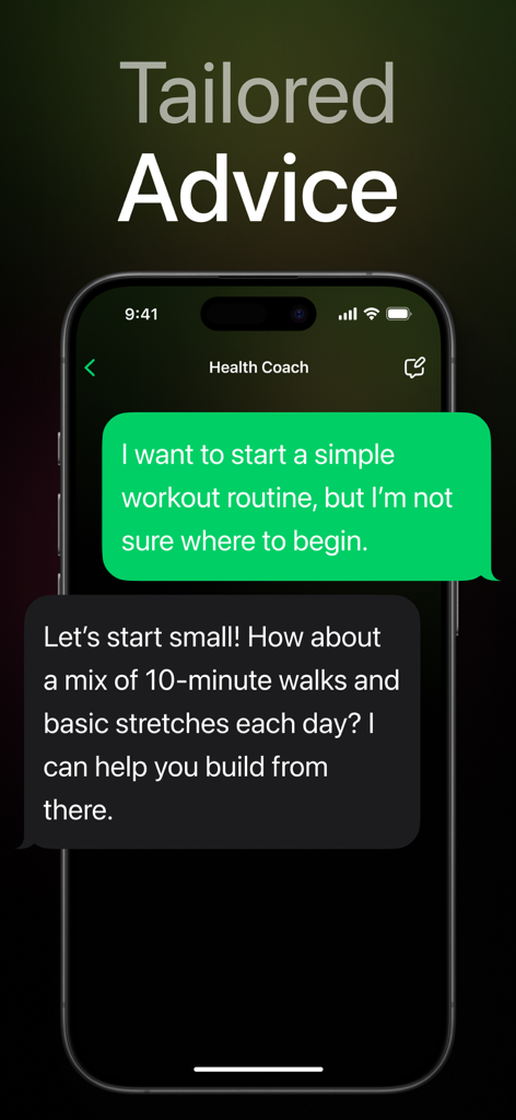 AI Box app interface showing a chat with a virtual health coach for personalized workout advice