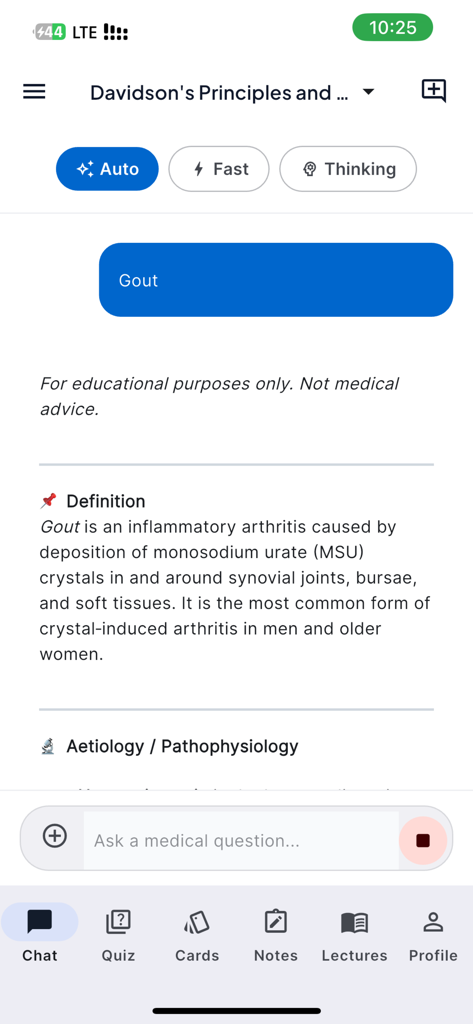 MEDGPTx - Interfaz de chat de la aplicación de estudio médico MEDGPTx explicando la definición y patofisiología de la gota