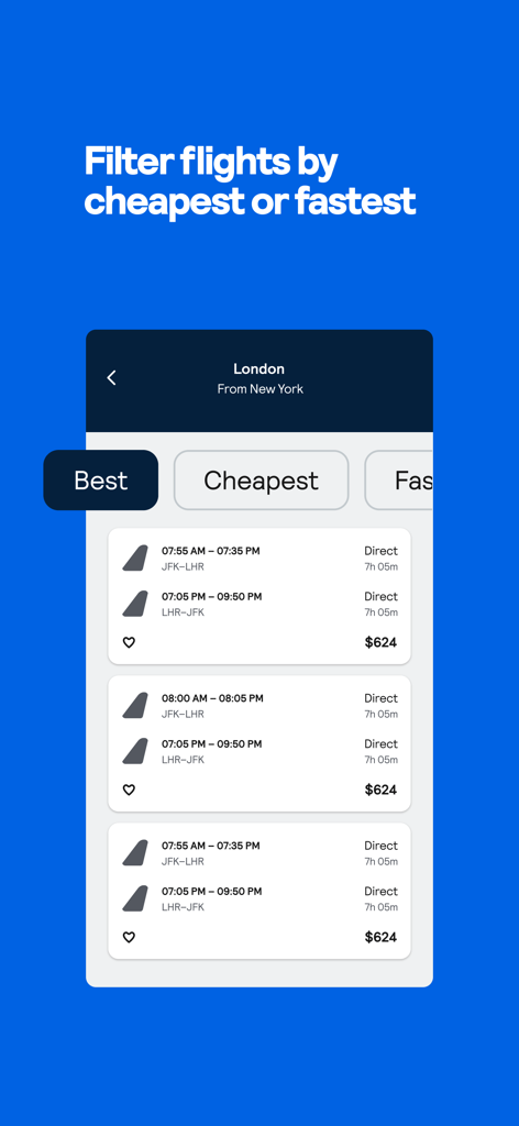 Skyscanner app screen showing flight search results from New York to London with filters for best cheapest and fastest flights