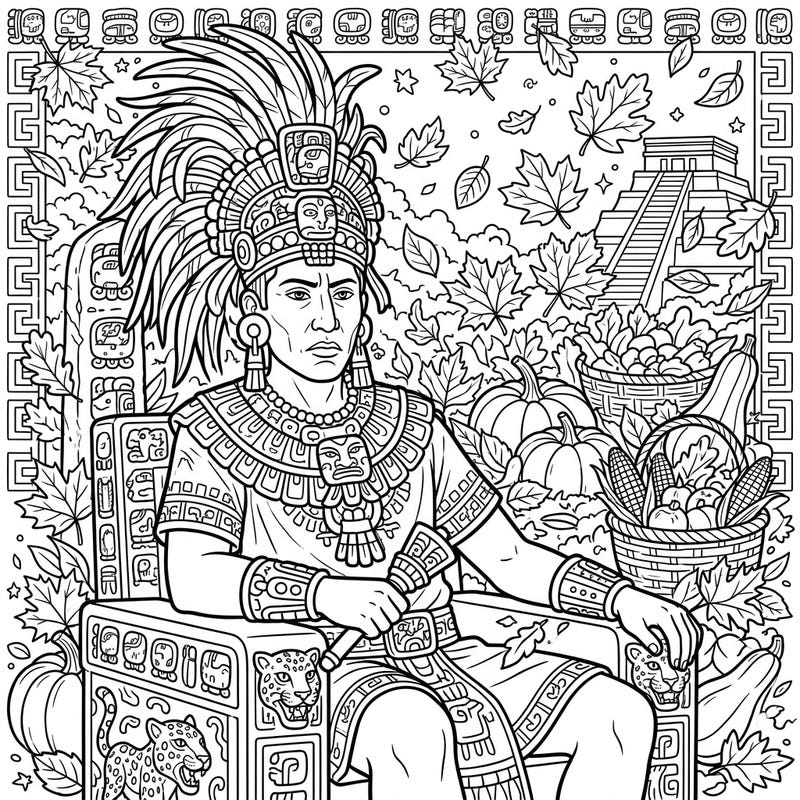 Discover a fascinating blend of history and season with our Pakal the Great in Autumn coloring page. This intricate design brings the mighty Mayan ruler into a bountiful fall harvest scene, perfect for engaging creativity.