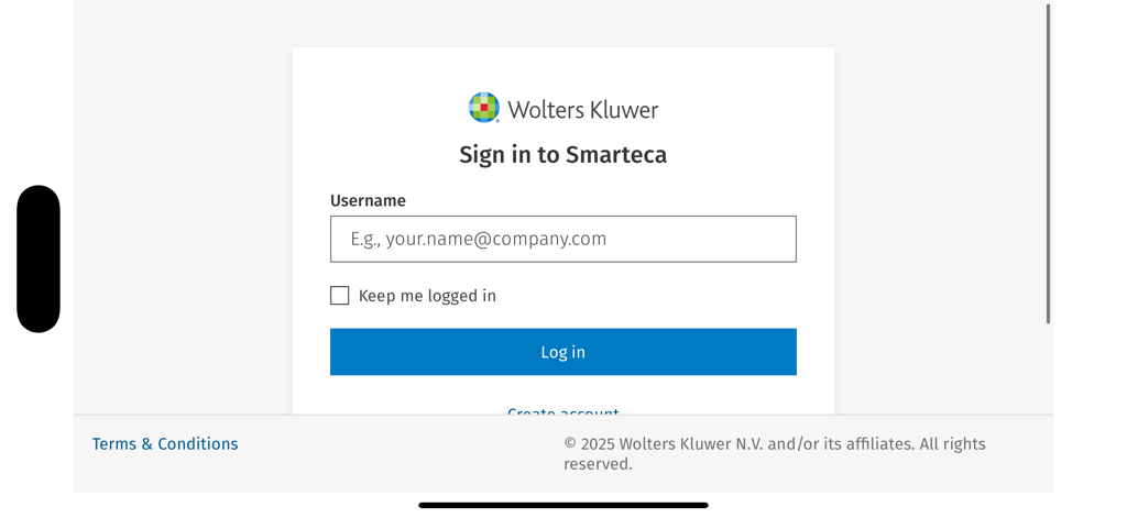 Pantalla de inicio de sesión de la aplicación Smarteca de Wolters Kluwer mostrando el formulario de inicio de sesión