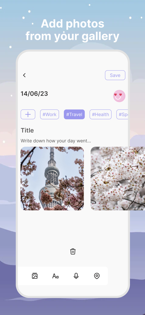 My Diary with password & lock - My Diaryアプリのインターフェース。アップロードされた写真と旅行タグ付きのジャーナルエントリを表示。
