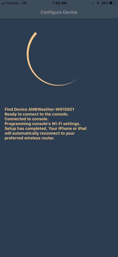 awnet - awnetアプリのデバイス設定画面。気象ステーションコンソールのセットアップ手順が成功したことを表示しています。