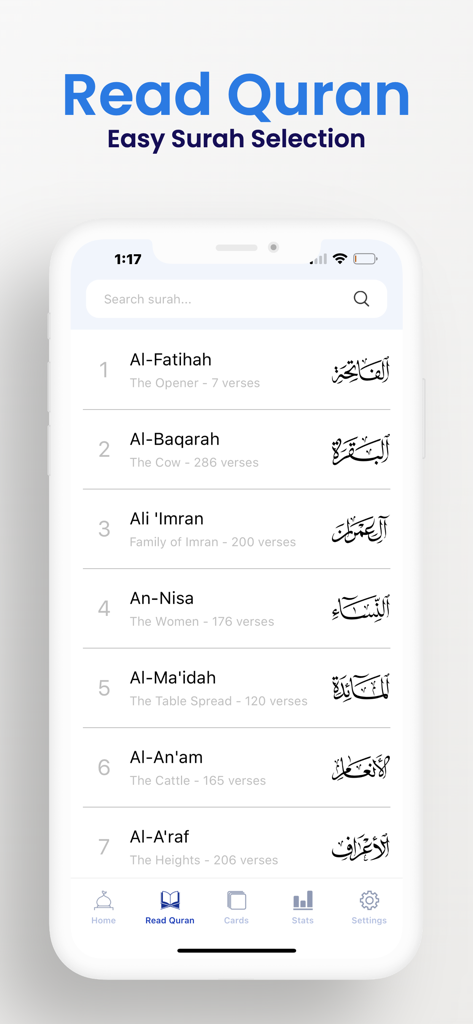 Retain Quran: Learn & Memorize - Una interfaz de aplicación móvil que muestra una lista de Surahs coránicas con nombres en inglés y árabe para una fácil selección.
