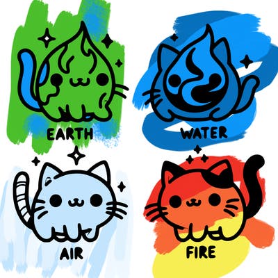 4 cats that represent the different elements, earth, water, air, and fire