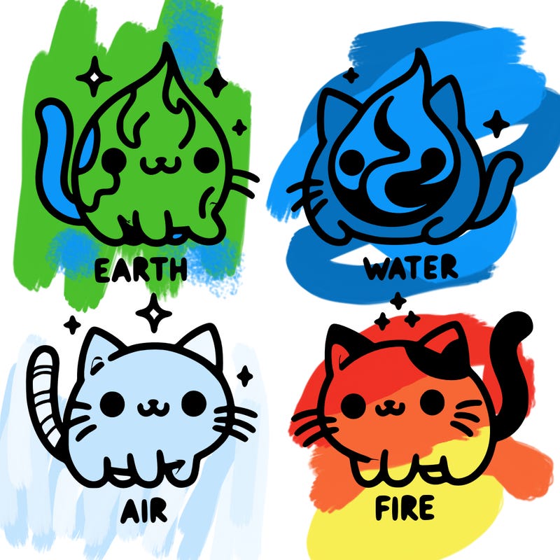 4 cats that represent the different elements, earth, water, air, and fire