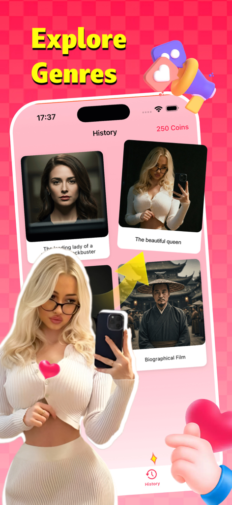 Wolla_ - The Wolla app interface showing cinematic genres and a history of AI generated movie style photos