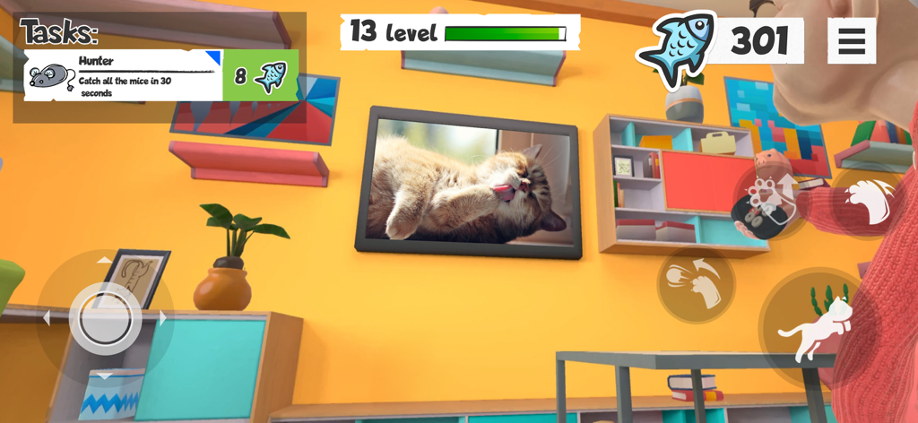 I Am Cat - First-person perspective of a cat in a living room showing game tasks and control buttons.