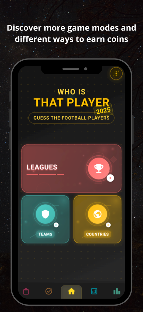 Who Is That Player | Football - Menú principal de la aplicación de trivia de fútbol ¿Quién Es Ese Jugador? mostrando los modos de juego Ligas, Equipos y Países