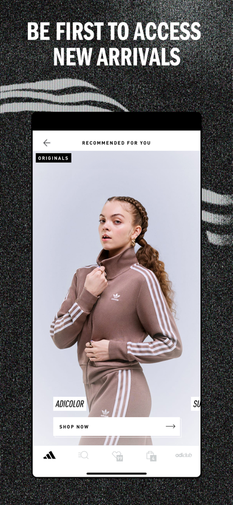 adidas: Shop Shoes & Clothing - App mobile Adidas che mostra abbigliamento consigliato dalla collezione Originals con una donna che indossa una tuta marrone.