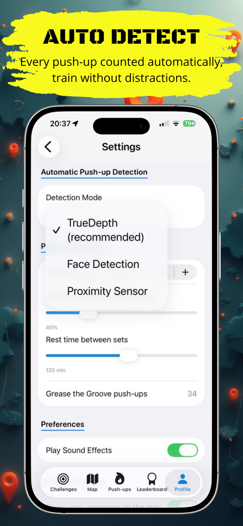 Menú de configuración de Push Up Legends para la detección automática de flexiones utilizando sensores TrueDepth y de proximidad