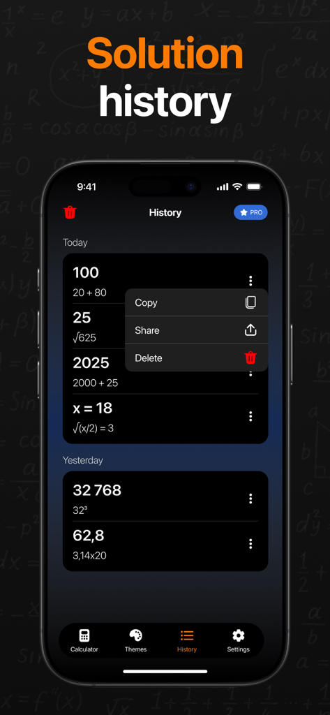 AI Calculator & Math Solver - An iPhone screen displaying the solution history of a math calculator app with options to copy, share, or delete past results.