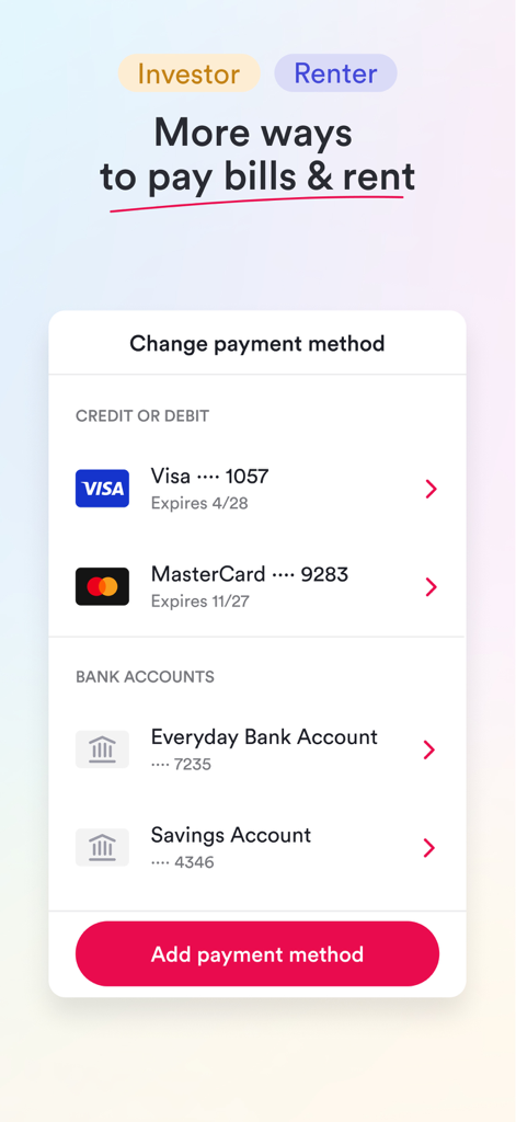Ailo - Ailo app screen showing payment options like credit cards and bank accounts for rent and bills