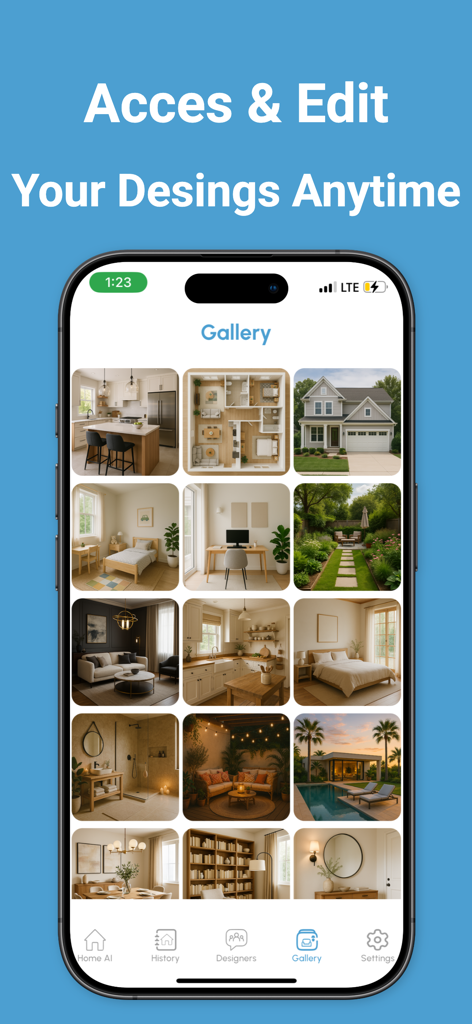 Home AI: Home Design & Garden - A gallery grid in the Home AI app showing various saved interior and exterior design projects including kitchens bedrooms and gardens