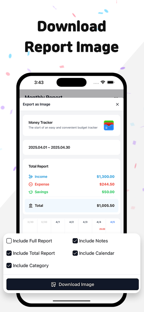 MoneyLog: Budget & Expense - Una pantalla minimalista de la aplicación MoneyLog que muestra opciones para exportar un informe financiero mensual como imagen.