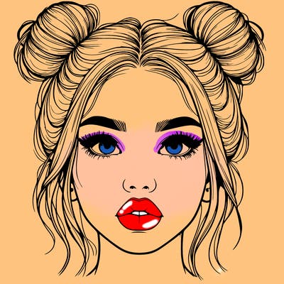 realistic girl with two buns on her hair and lips