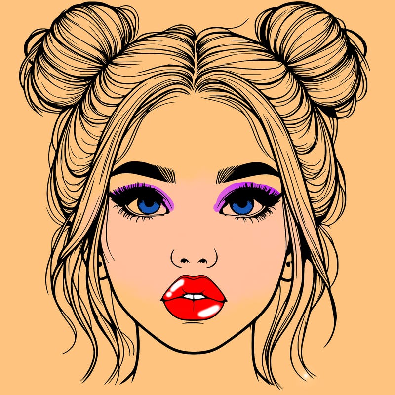 realistic girl with two buns on her hair and lips
