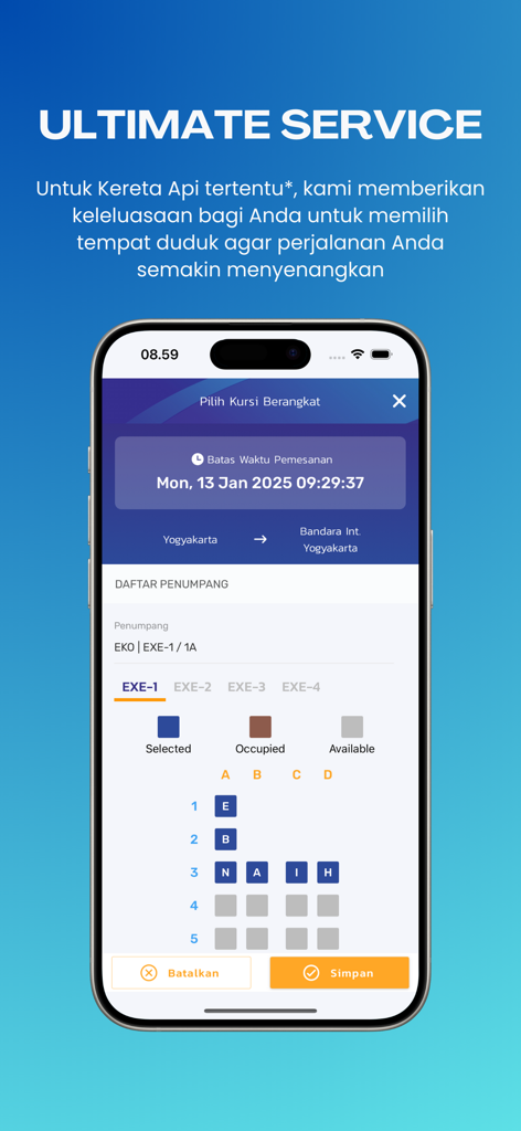 KA Bandara - Interface do aplicativo KA Bandara mostrando um mapa de seleção de assentos de trem para viagens de Yogyakarta para o aeroporto.