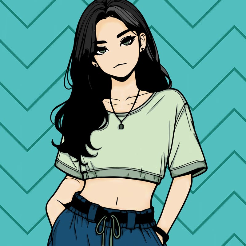 realistic girl witha crop top and baggy pants