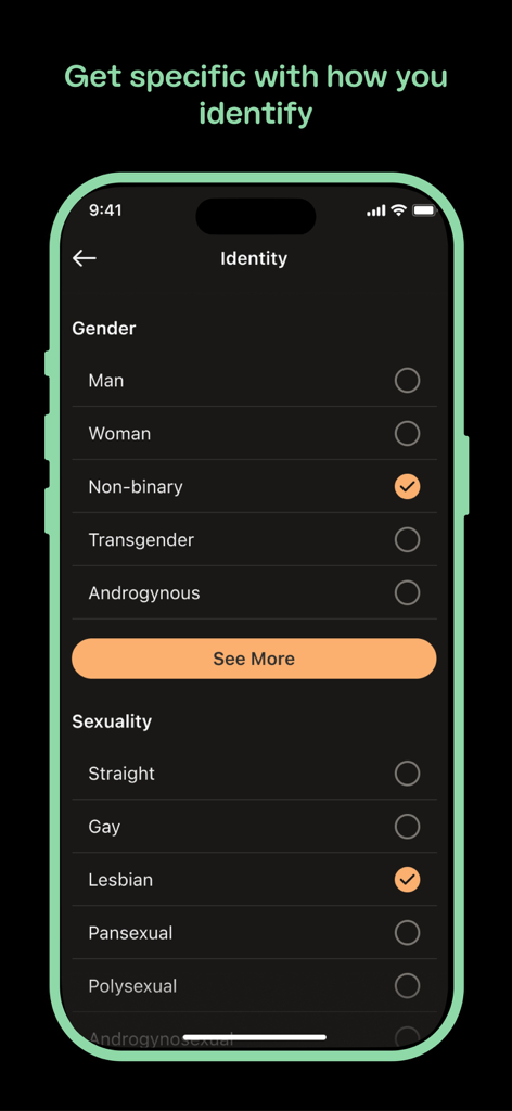 A mobile screen showing identity and sexuality selection options on the Nymph dating app.