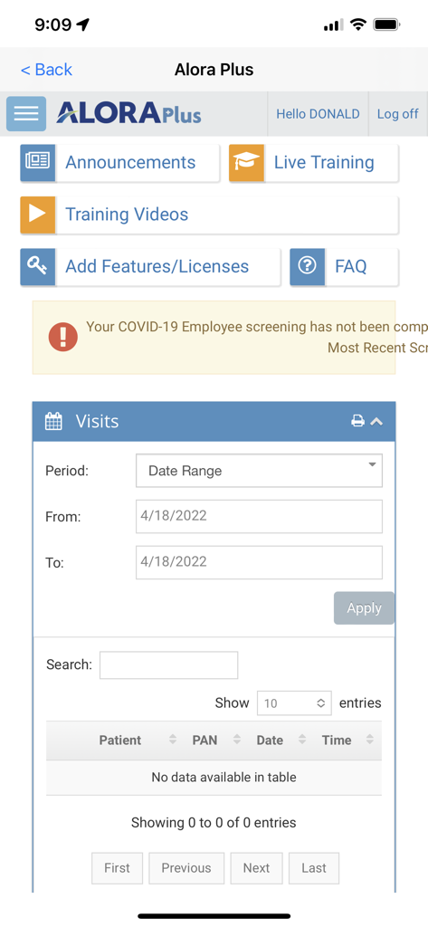 Alora Plus - Alora Plus mobile app dashboard showing clinical visits tracking and professional training resources