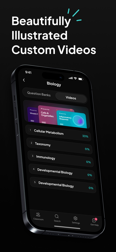 Booster Prep - Booster Prep app interface showing biology video lessons and student progress tracking