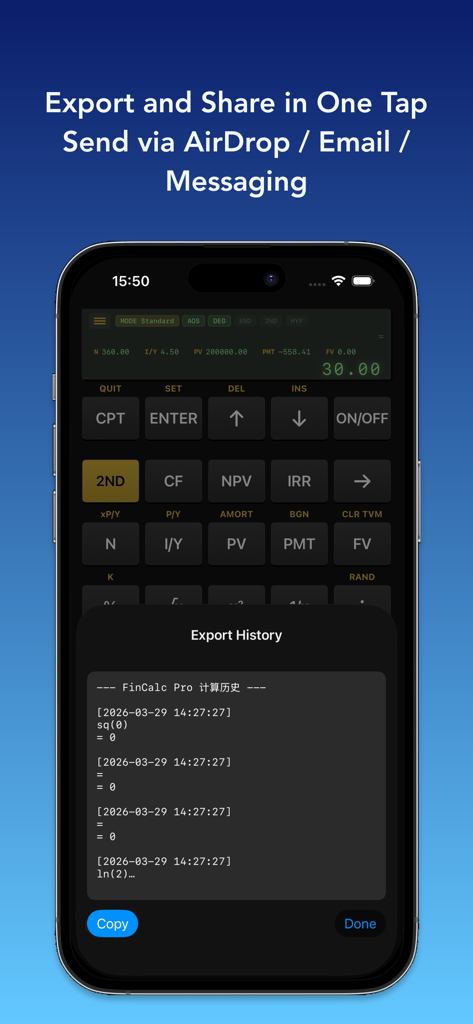 FinCalc app showing the export history screen for sharing financial calculations