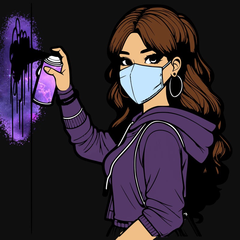 realistic girl with mask spray painting a wall