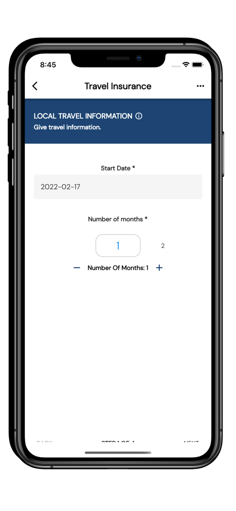 My PICZ - Travel insurance input screen in the My PICZ app for selecting start date and duration