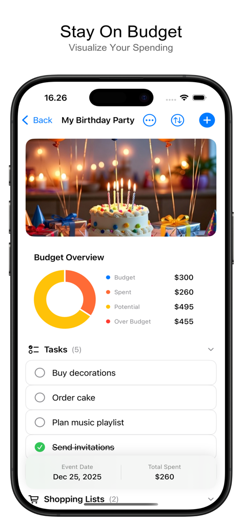 Event Stories - Party Planner - Resumen del presupuesto y lista de tareas en la aplicación Event Stories party planner