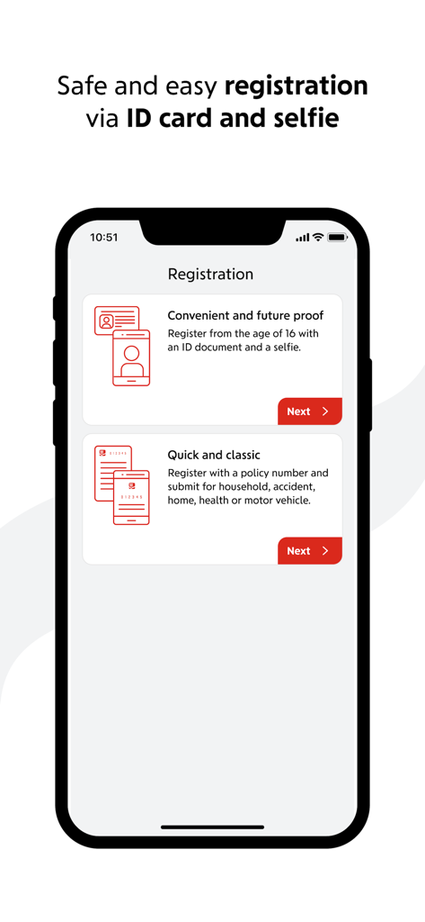 Schermata di registrazione dell'app assicurativa losleben che offre l'iscrizione tramite carta d'identità con selfie o numero di polizza