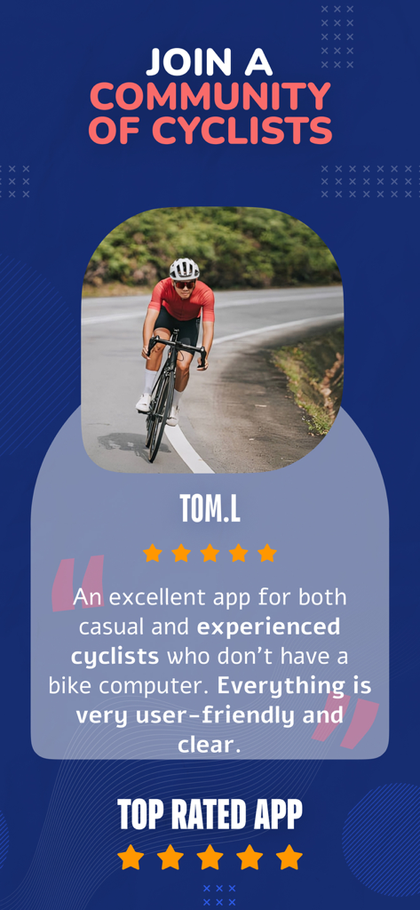 Bike GPS Navigation & Tracker - User testimonial from Tom L giving a five-star review for the BikeCompanion app with a cyclist in the background.
