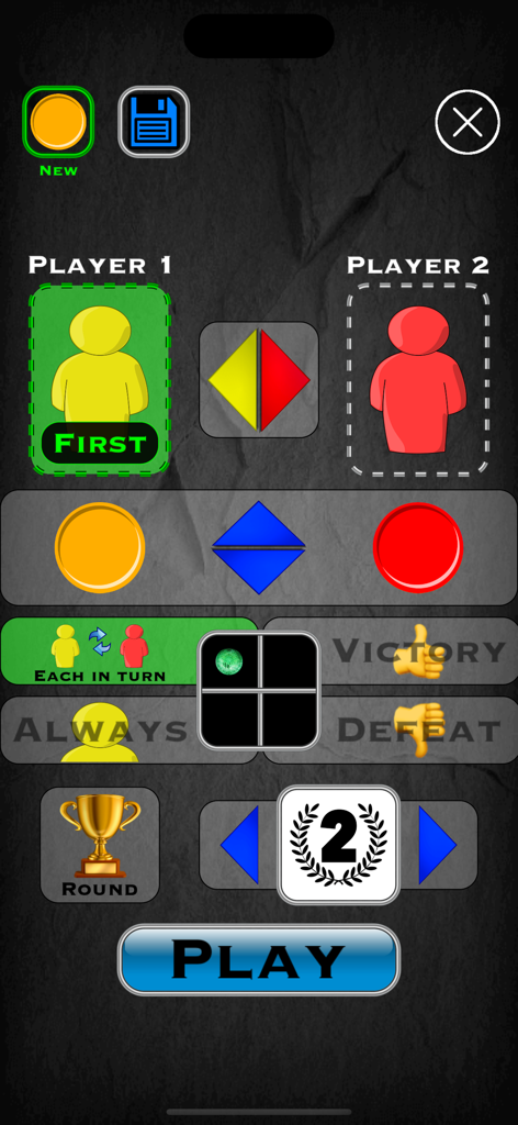 Two player setup screen for 4 In A Row Board Game