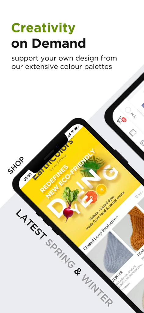 UPW - Interface de l'application UPW montrant des options de teinture écologiques et des collections de fils saisonnières pour les créateurs de mode