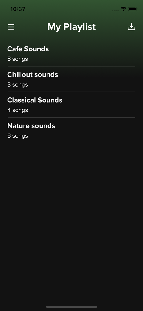iChill - iChill mobile app My Playlist screen with a list of sound categories for businesses