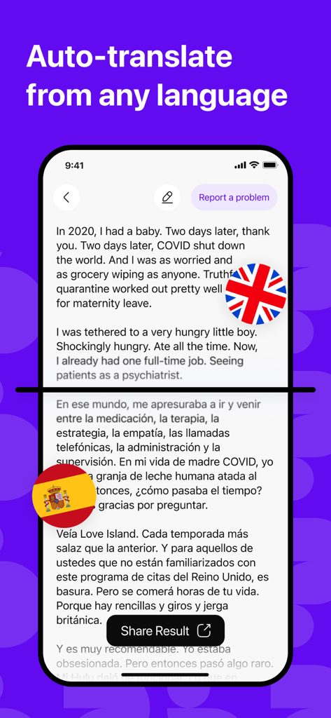 Interface of Whynote app showing auto-translation of notes between English and Spanish