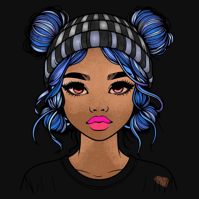realistic girl with buns in her hair with a beanie on